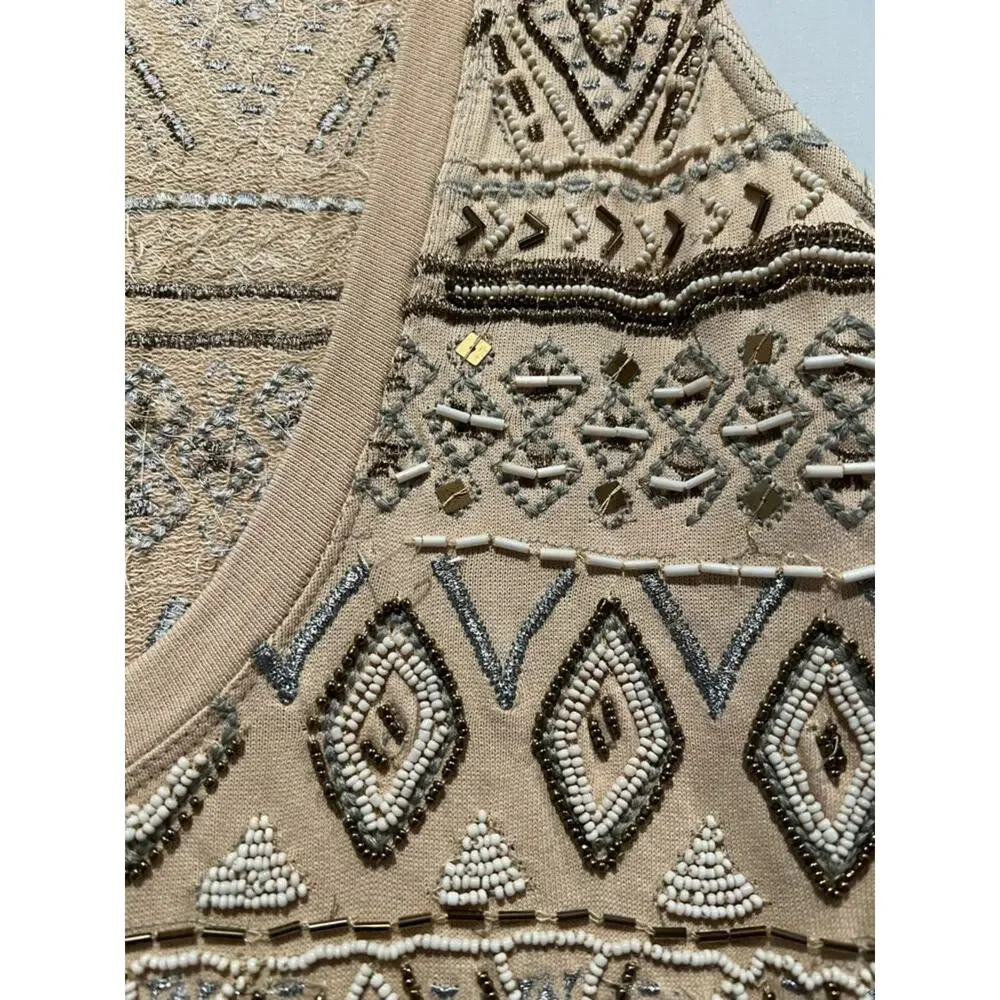 Free People Beaded Tunic Mini Dress Boho Embellished Geometric Tank Neutral